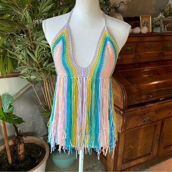 WoWo Colorful Crochet Halter Top Size L Open Back with Fringe Boho Hippie Fest - Picture 3 of 11